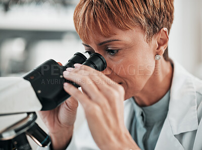 Buy stock photo Science, woman closeup and microscope for lab research and studying virus in a hospital or clinic. Scientist, medical study and chemistry expert of a worker with professional project for healthcare 