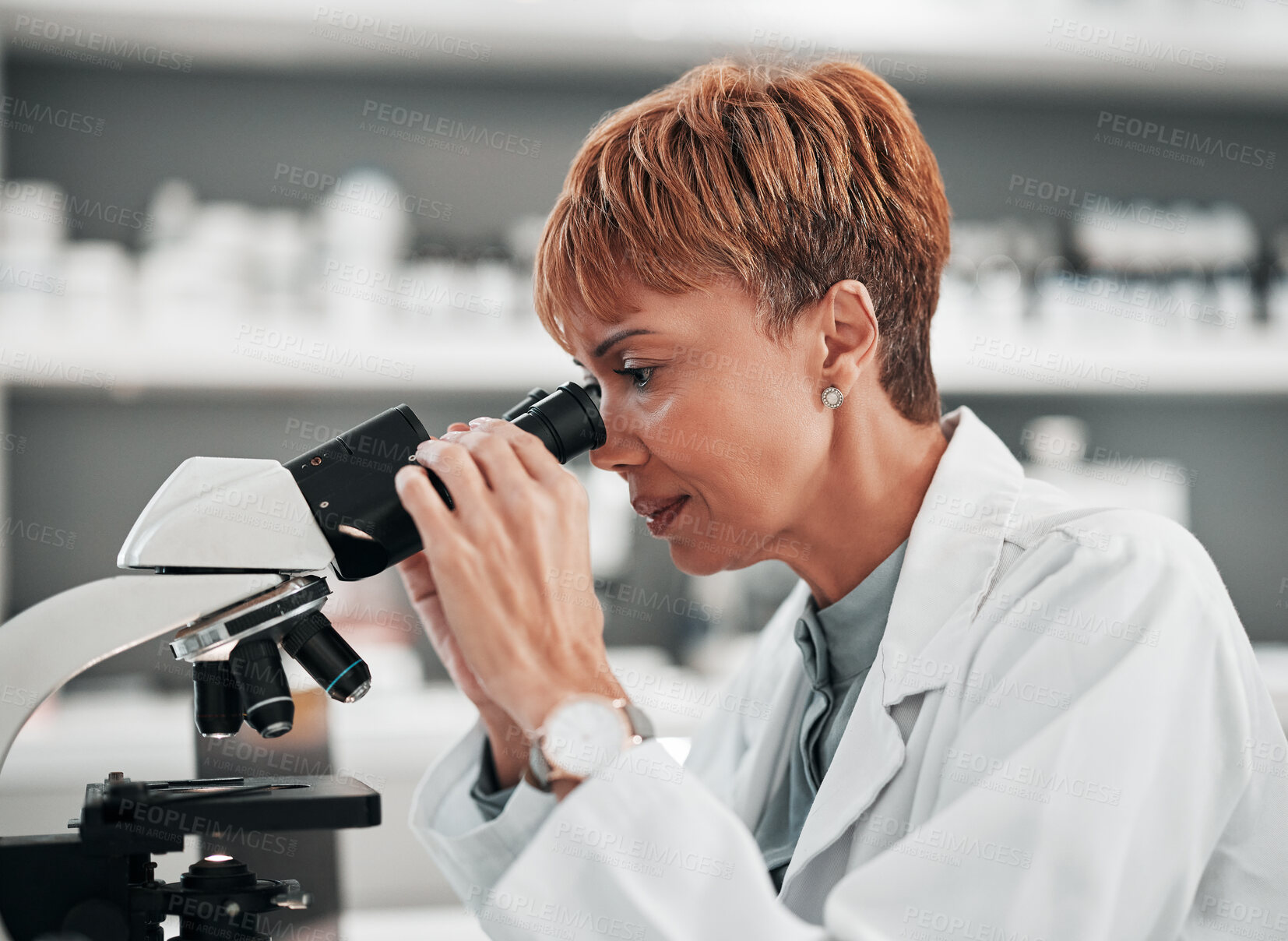 Buy stock photo Science, woman and microscope for lab research and studying virus in a hospital or clinic. Scientist, medical study and chemistry expert of a worker with professional project for healthcare 