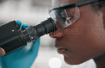 Buy stock photo Microscope, black man and healthcare with research, medical and dna test with biotechnology. African person, science and researcher with laboratory equipment, check sample and vaccine with analytics