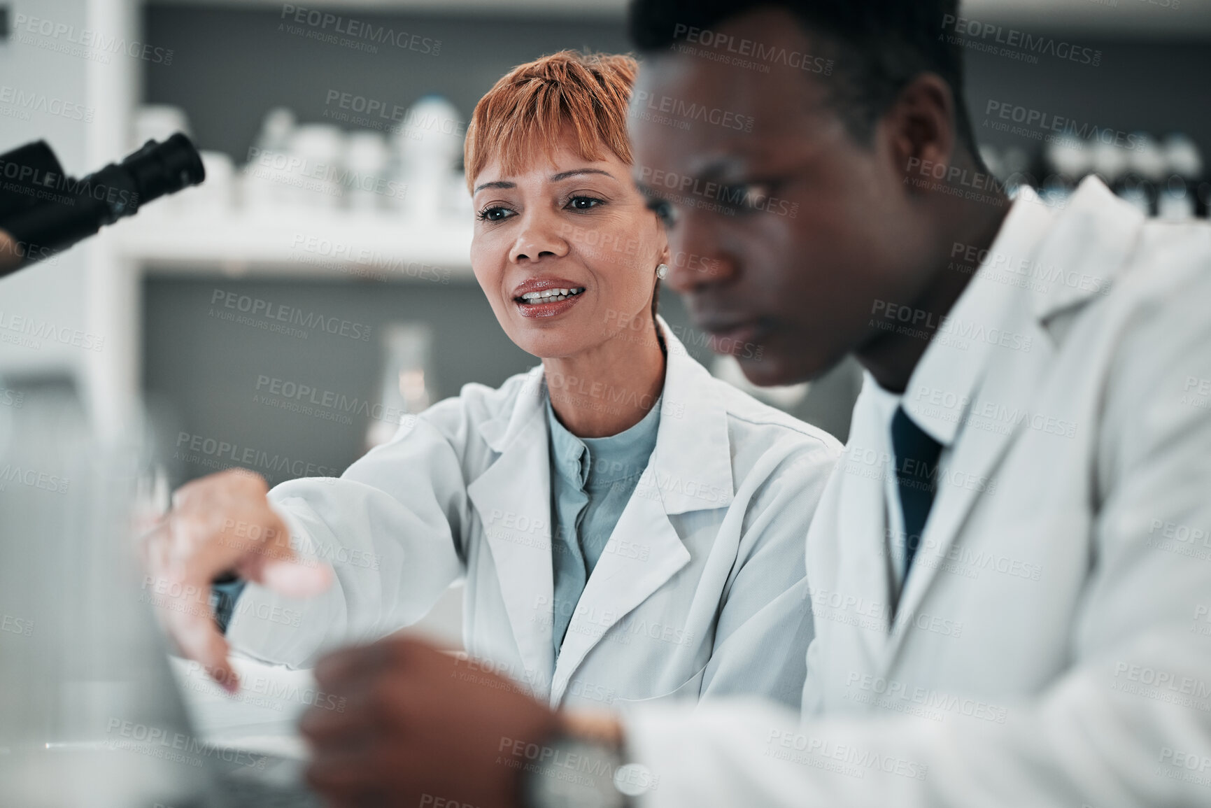 Buy stock photo Science, team and research on laptop in laboratory for solution, healthcare investigation or planning medical data. Scientist, woman and collaboration with man to review test results info on computer