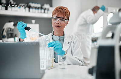 Buy stock photo Scientist, woman and dropper with test tube in laboratory for medical investigation, chemistry research or vaccine. Science, worker and dna analysis for medicine, innovation or healthcare development