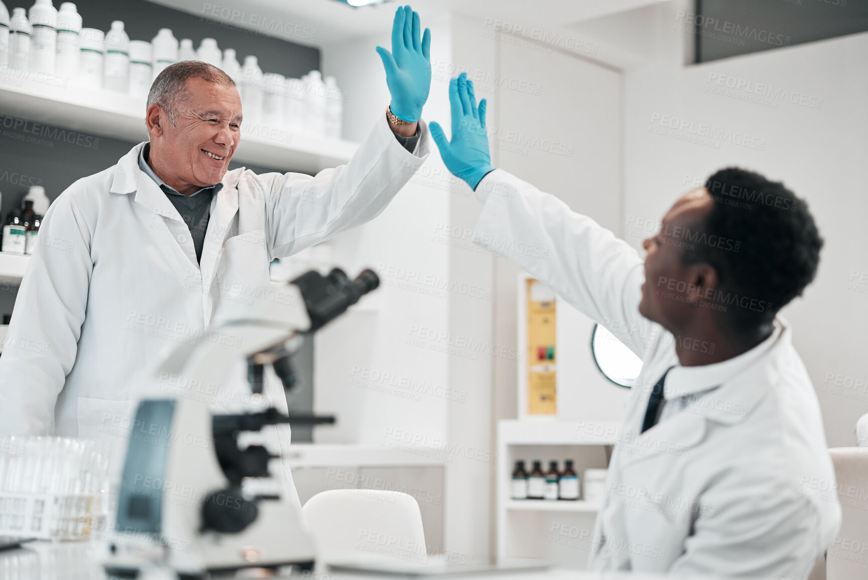 Buy stock photo Science men, high five and together in lab, smile or partnership for goals, results or innovation at job. Senior scientist and mentorship with teamwork, congratulations or success in medical research