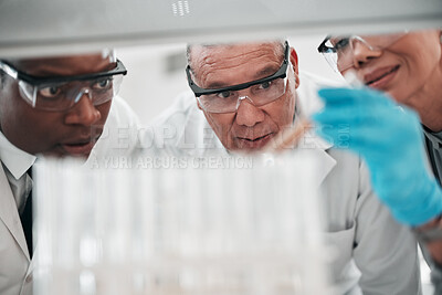 Buy stock photo Staff, medical and scientists with research, test tube and vaccine development with experiment, cooperation and results. Professional, group and staff with analysis, healthcare and cure with sample