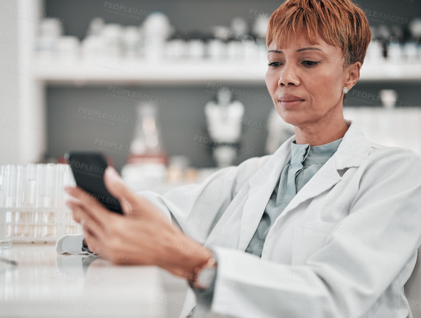 Buy stock photo Woman, medical science and a phone in a laboratory for online communication, email or website. Mature scientist person with smartphone typing medicine research, results or network database app