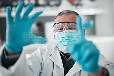 Buy stock photo Medical, research and man with science, click and selection with mask, vaccine and healthcare. Senior person, researcher or scientist with gloves, futuristic and option with biotechnology or solution