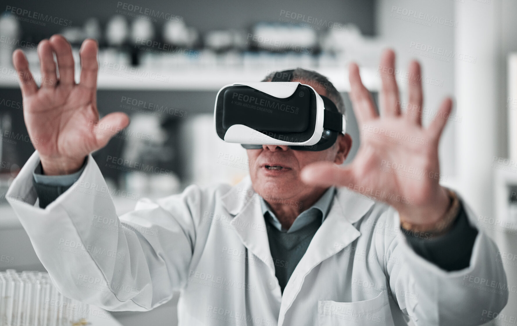 Buy stock photo Virtual reality glasses, man and medical with research, science or healthcare metaverse with digital experience. Doctor, researcher or employee with VR eyewear, data analytics or 3d software in a lab