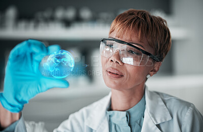 Buy stock photo Medical, research and woman with science, hologram and globe with vaccine, futuristic and healthcare. Senior person, researcher and scientist with gloves, future and holographic with biotechnology