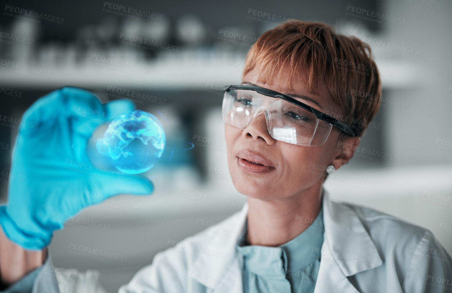 Buy stock photo Medical, research and woman with science, hologram and globe with vaccine, futuristic and healthcare. Senior person, researcher and scientist with gloves, future and holographic with biotechnology