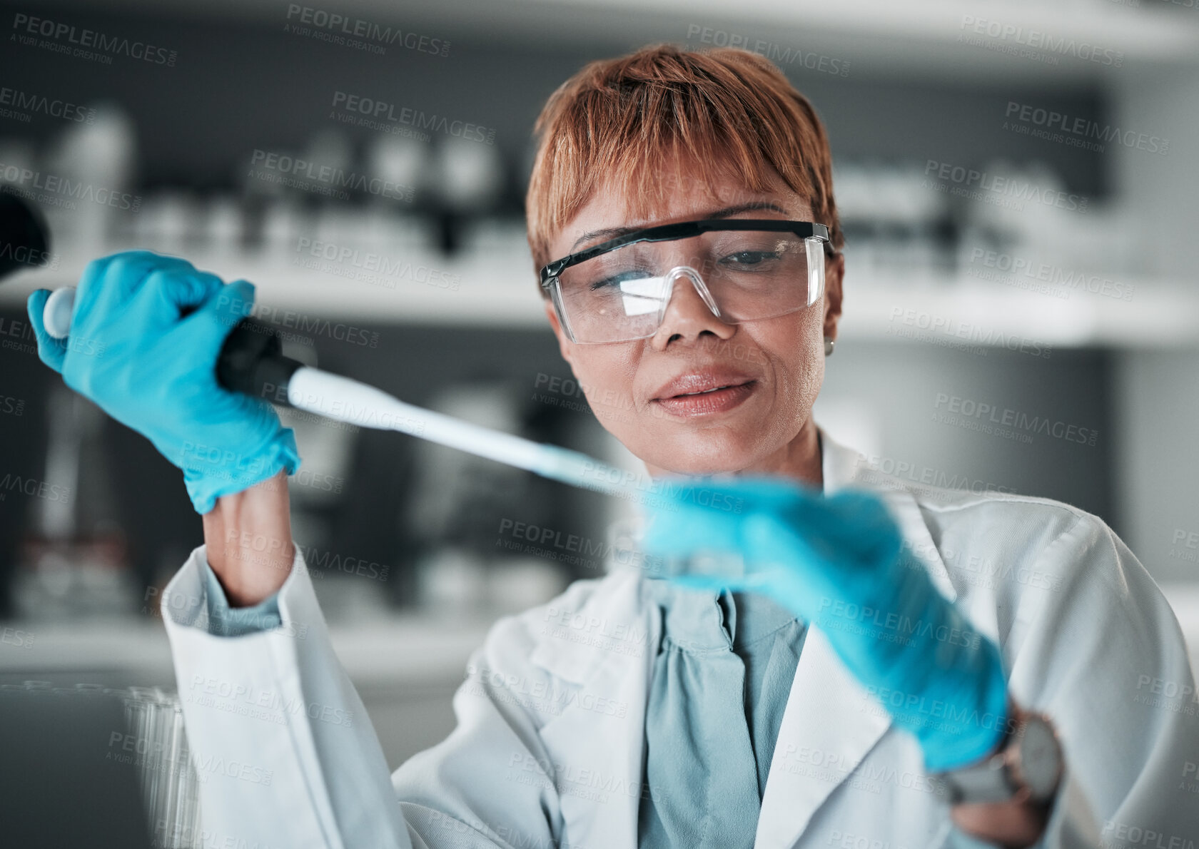 Buy stock photo Black woman, scientist and pipette for medical science research, medicine pharmacy or dna blood engineering. Study, dropper or equipment in healthcare analytics test or future vaccine innovation 