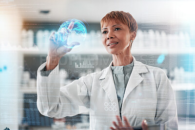 Buy stock photo Woman, medical and research with hologram, futuristic or check results with connection, chemistry or digital app. Person, scientist or future with data analysis holographic or overlay with experiment