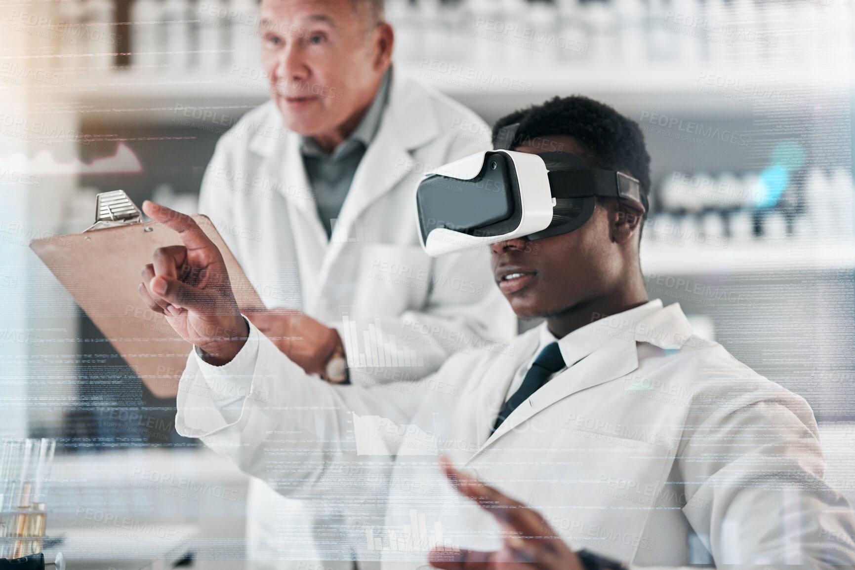 Buy stock photo Scientist, team and VR or futuristic glasses for laboratory research, data analytics or healthcare training. Medical people or science mentor with checklist, virtual reality and overlay for software