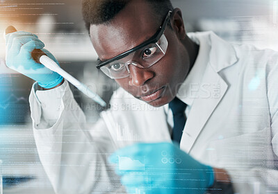 Buy stock photo Black man, scientist and pipette for medical science research, medicine pharmacy or dna blood engineering. Study, dropper or equipment in healthcare analytics test or future vaccine innovation 