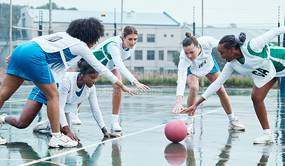 Sports, ball and team netball competition, practice and women playing game, court challenge or winter match. Fitness, teamwork and group workout, tournament and athlete action, exercise or training