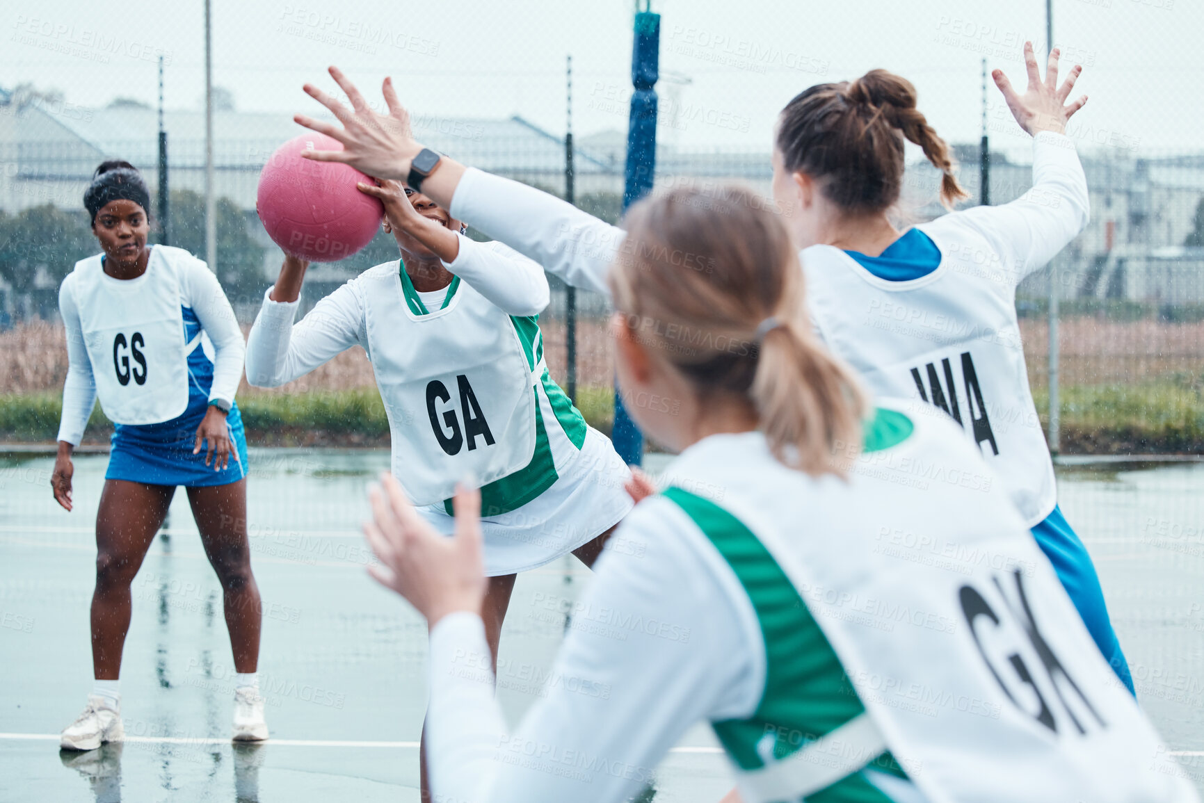 Buy stock photo Netball sports team, game ball and women defend, attack and pass in community competition, practice and game. Exercise, group action and player workout, tournament match or athlete training on court