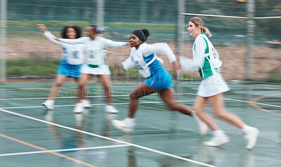 Buy stock photo Sports, training and team netball competition, practice and women playing game, court challenge or action match. Fast motion blur, speed and group cardio workout, player teamwork and athlete running