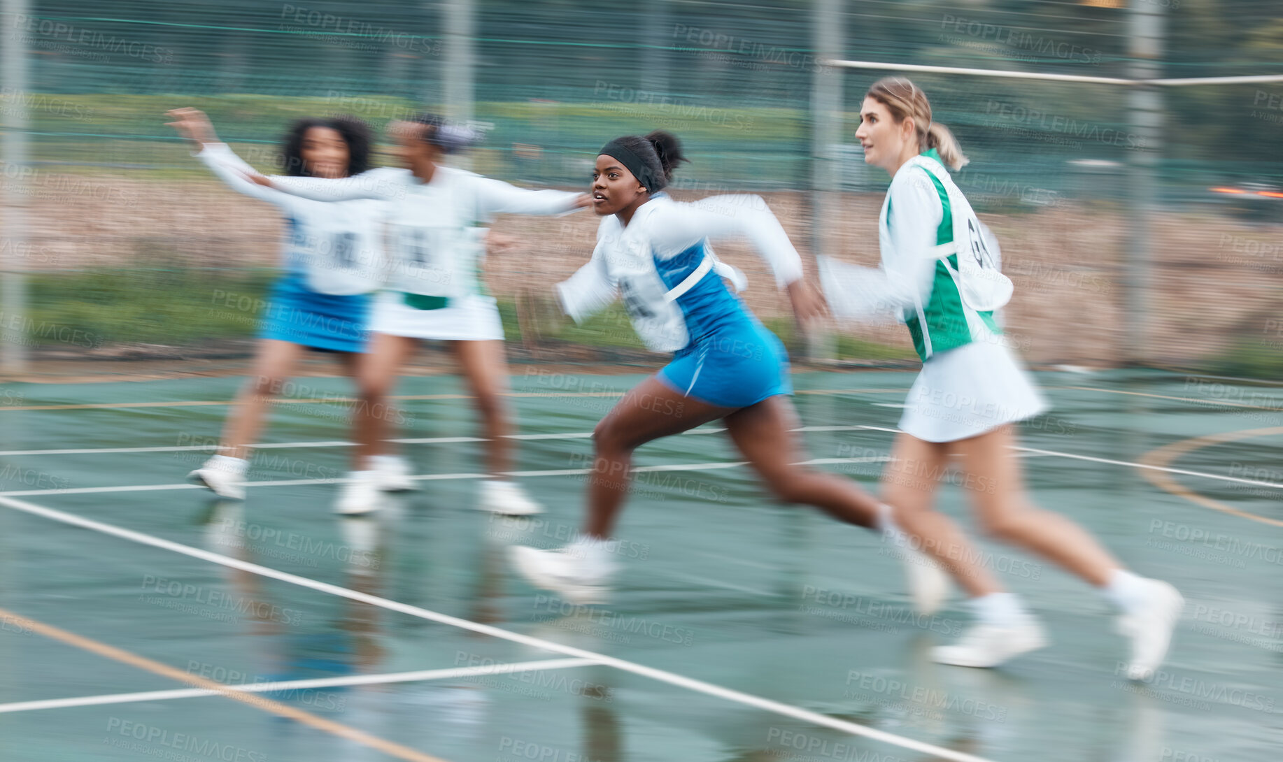 Buy stock photo Sports, training and team netball competition, practice and women playing game, court challenge or action match. Fast motion blur, speed and group cardio workout, player teamwork and athlete running