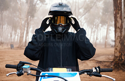 Buy stock photo Motorbike, person and sport in forest with training for competition, ride in nature with action and helmet. Extreme, adrenaline and exercise, athlete and transport with dirt bike, freedom and travel