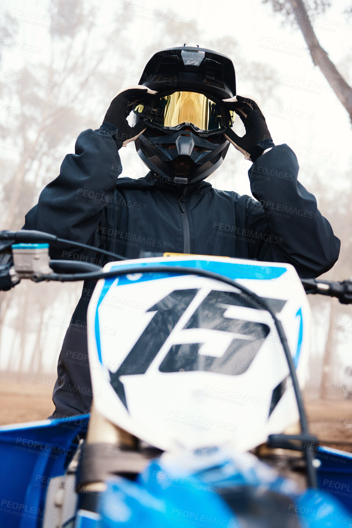 Buy stock photo Sports, dirt bike and speed with person on motorcycle in forest for challenge, training and performance. Fast, fitness and freedom with man riding in nature for travel, journey and adventure