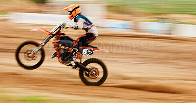 Buy stock photo Motorcycle, balance and motion blur with a man training for a race or dirt biking challenge on space. Bike, fitness and power with a person driving fast on an off road course for freedom or speed