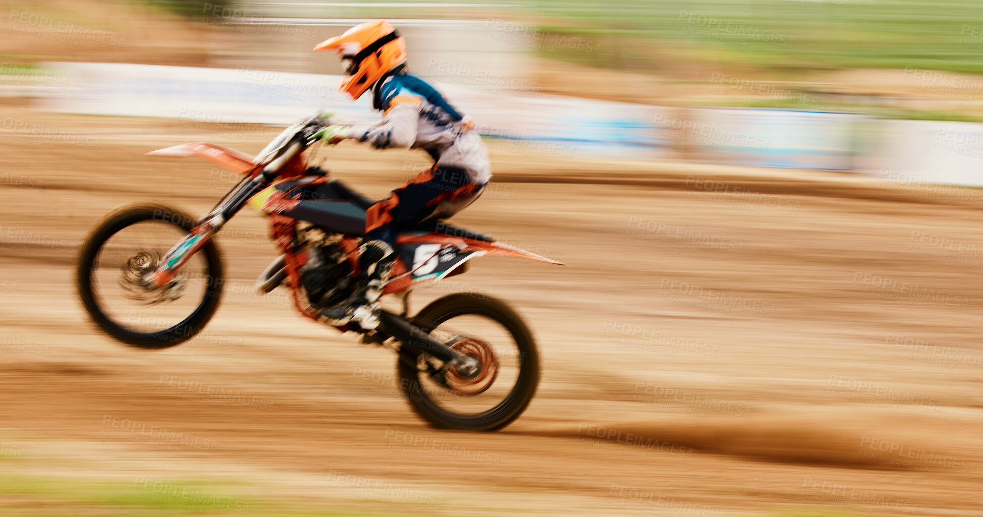 Buy stock photo Motorcycle, balance and motion blur with a man training for a race or dirt biking challenge on space. Bike, fitness and power with a person driving fast on an off road course for freedom or speed