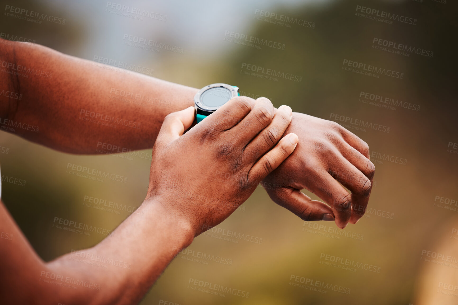Buy stock photo Smart watch, nature or hands of athlete for sports workout, heartbeat info or fitness progress on app. Personal trainer, exercise or closeup of person with timer to check or monitor gym data on clock
