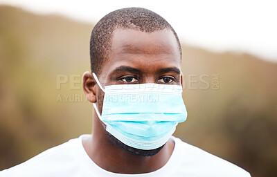 Buy stock photo Face mask, fitness and black man in nature for exercise, marathon training and running outdoors. Sports, bacteria and person with medical protection from germs for health, wellness and virus safety