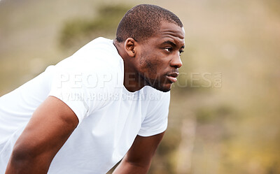 Buy stock photo Face, fitness and an exhausted black man runner outdoor for a race, marathon or cardio training. Mindset, exercise and break with a tired young sports person in nature for a workout to improve health