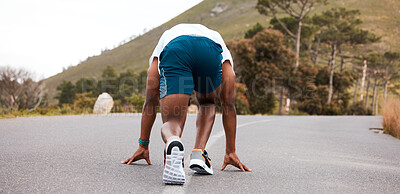 Man, start run in street and fitness outdoor with training for marathon, health and wellness, performance and action. Speed, back view and ready for race with exercise, athlete and sports workout