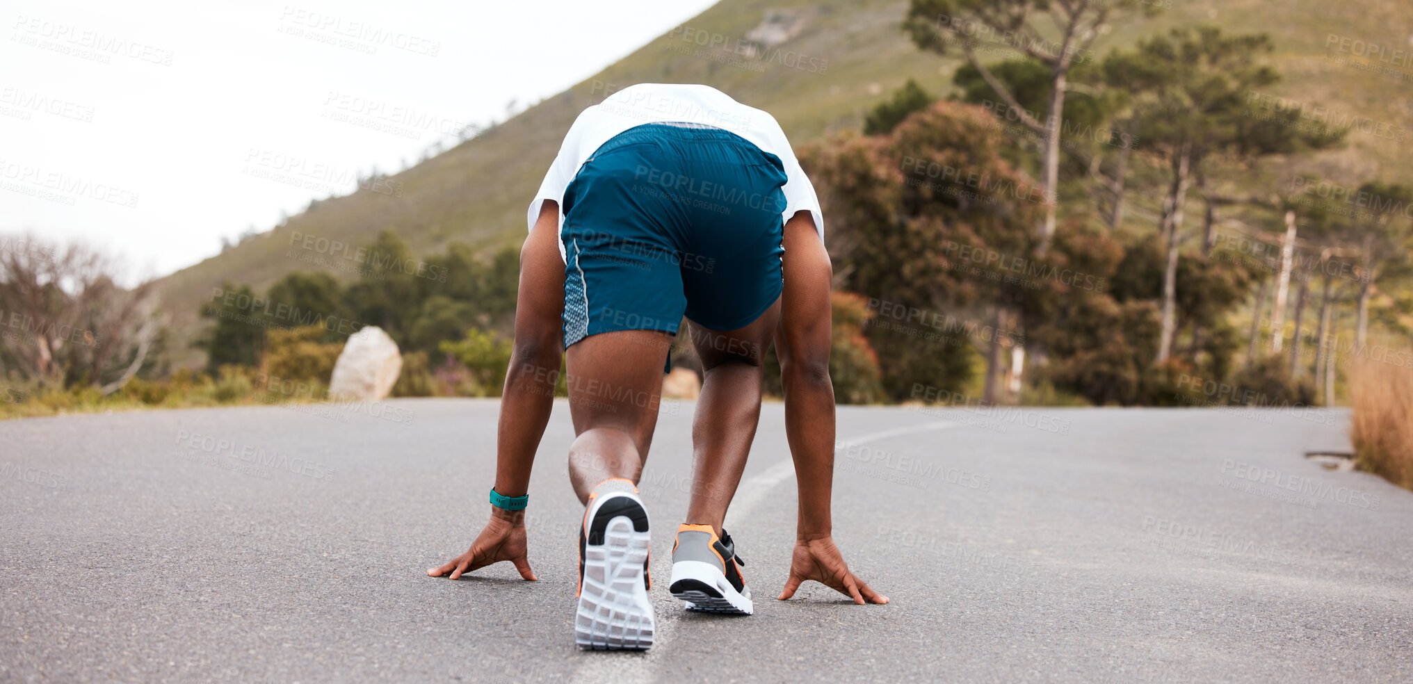 Buy stock photo Man, start run in street and fitness outdoor with training for marathon, health and wellness, performance and action. Speed, back view and ready for race with exercise, athlete and sports workout