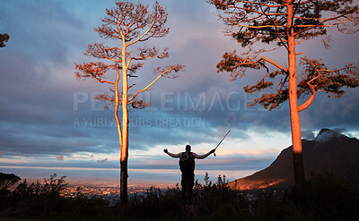 Buy stock photo Dark, morning and person on the mountain for hiking, fitness or trekking for vacation. Back, nature and a traveler in the forest or woods for exercise, adventure or walking in the scenery with a view