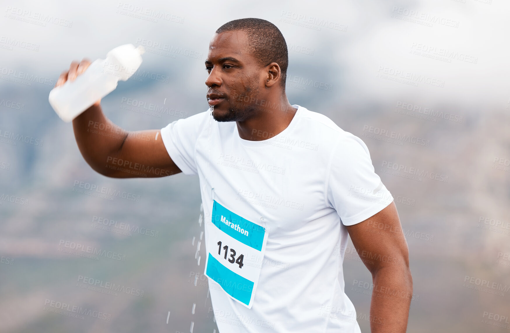 Buy stock photo Outdoor, water bottle and black man with fitness, marathon and exhausted with exercise, workout and wet. African person, runner and athlete rest, thirsty and health with break, liquid and training