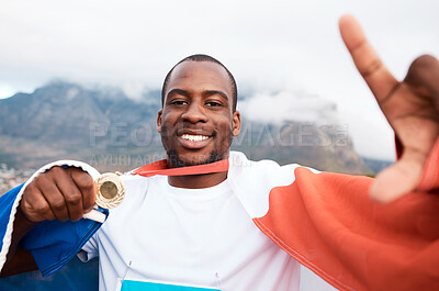 Buy stock photo Winner portrait, flag or black man with gold medal, emoji sign and pose for marathon runner, competition or champion picture. Target success photo, achievement or France athlete with race prize award