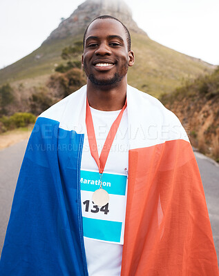 Buy stock photo Winner portrait, flag and black man, fitness runner and marathon champion of challenge, outdoor competition or triathlon. Success, winning achievement and France athlete with medal, award or prize