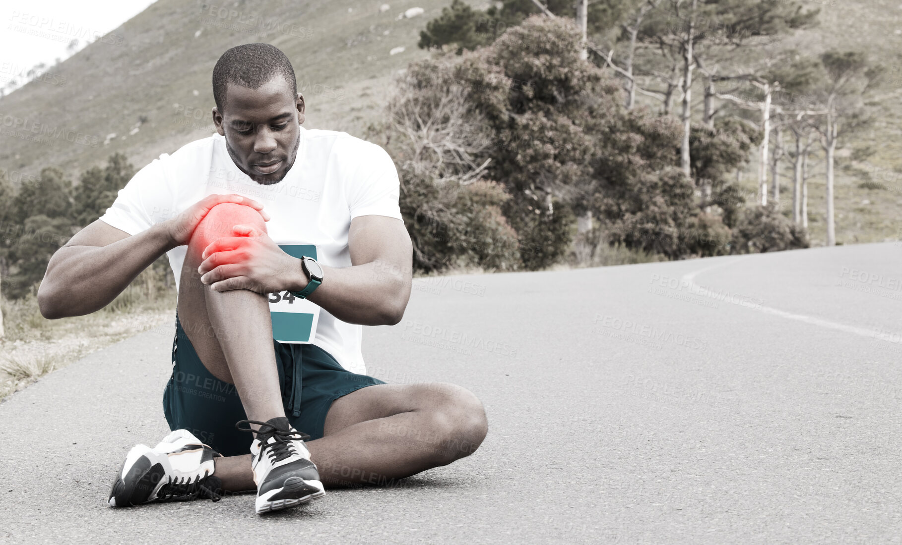 Buy stock photo Knee pain, black man with fitness injury, health and wellness with red overlay, medical emergency and inflammation. Mockup space, marathon race outdoor and muscle tension with glow and fibromyalgia