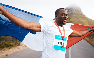 Buy stock photo Winner celebration, flag and happy black man, runner and marathon victory of challenge, sports competition or race. Cardio, road and France athlete running with pride, success goals and gold medal