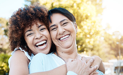 Buy stock photo Mature mother, woman and hug at park in love, care and bonding for trust, support and funny laugh outdoor. Happy mom, adult daughter and embrace in nature for healthy relationship of family together