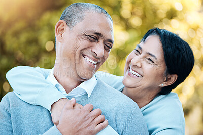 Buy stock photo Happy smile and senior couple hugging in park laughing for comic, comedy or funny joke in conversation. Love, nature and elderly man and woman in retirement bonding and having fun together in field.