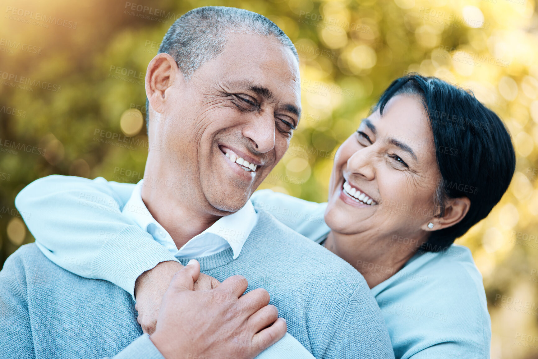 Buy stock photo Happy smile and senior couple hugging in park laughing for comic, comedy or funny joke in conversation. Love, nature and elderly man and woman in retirement bonding and having fun together in field.