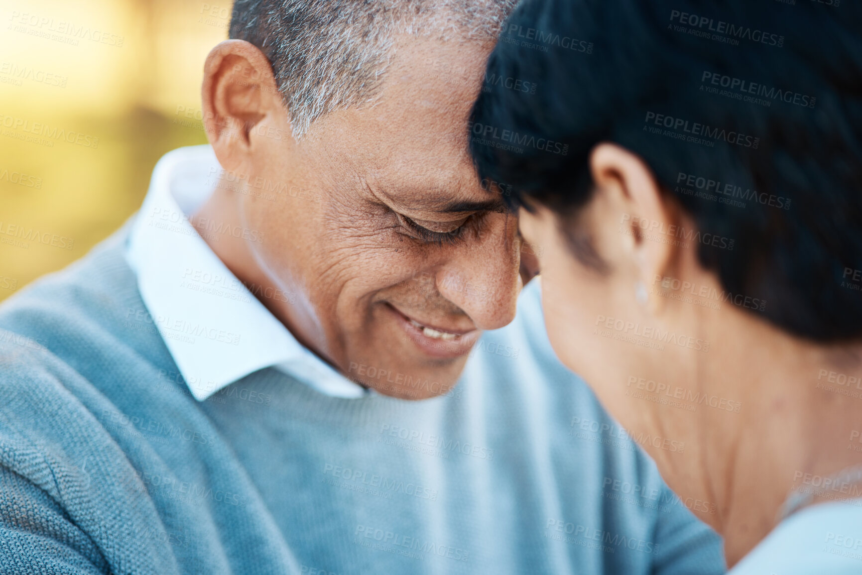 Buy stock photo Smile, connection and senior couple embracing in a park on a romantic date together in nature. Love, happy and elderly man and woman in retirement hugging for care, marriage or support in a garden.