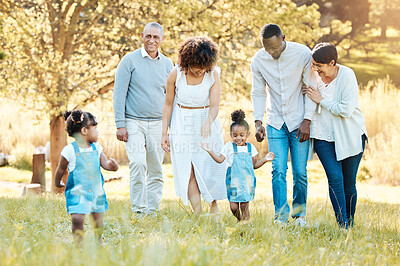 Buy stock photo Nature, happy and family generations in a park for bonding, having fun and talking together. Love, smile and children walking with parents and grandparents in an outdoor green garden on weekend trip.