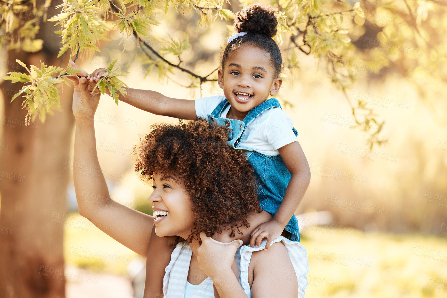 Buy stock photo Piggyback, love and mother with girl child in a park happy, freedom and adventure in nature together. Portrait, smile and kid with mom in a forest for games, travel or explore with care and bonding