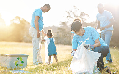 Buy stock photo Nature recycling, community volunteer and people cleaning garbage pollution, waste and team environment care. Teamwork, NGO support and eco group helping with park clean up, outreach project or trash