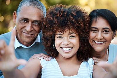 Buy stock photo Selfie, portrait and woman with senior parents in an outdoor park for adventure, holiday or weekend trip. Happy, smile and young female person taking picture with her elderly mom and dad from Mexico.