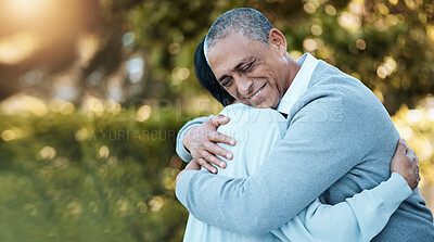 Buy stock photo Love, nature and senior couple hugging in park for care, romance or comfort on an outdoor date. Smile, happy and elderly man and woman in retirement embracing for bonding in a green garden having fun