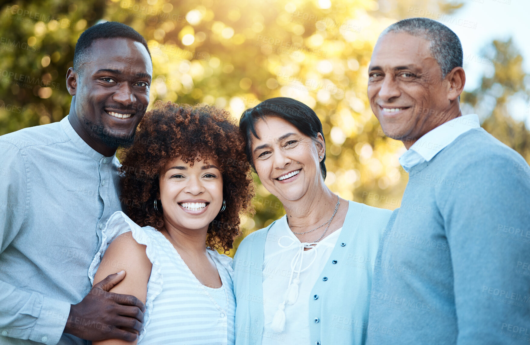 Buy stock photo Nature, portrait and people with senior parents in an outdoor park for bonding together. Happy, smile and young man and woman with elderly mom and dad in retirement in green garden for fresh air.