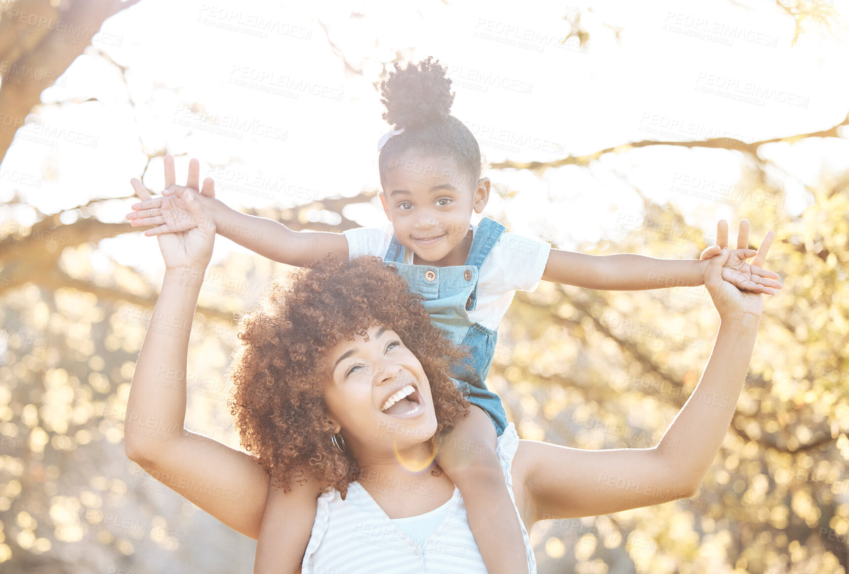 Buy stock photo Airplane, love and mother with girl child in a park happy, freedom and adventure in nature together. Flying, piggyback and kid with mom in a forest for games, travel or explore with care and support