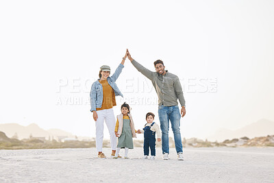 Buy stock photo Portrait, outdoor or hands of family for insurance, care or unity for happiness, safety or covering. Interracial, parents or mom at beach with dad, children or kids for love or protection on mockup