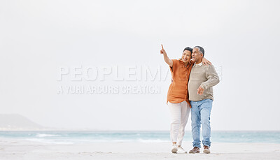 Buy stock photo Beach, mockup and mature happy couple point at outdoor view, tropical advertising space or travel holiday destination. Retirement journey, relax walk and nature man, old woman or marriage people bond