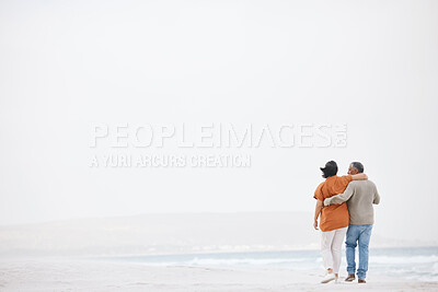Buy stock photo Beach, mockup and back of couple walking on tropical adventure, vacation freedom or Mexico winter date. Ocean sea waves, outdoor mist and relax people bond, trust or on island journey, trip or travel