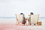 Relax beach, chair and back of couple love, support and communication on travel holiday, vacation or outdoor nature. Ocean sea water, sky mockup and marriage people freedom, wellness or island bond